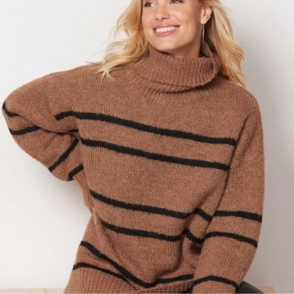 Line and Dot Veronica Camel Brown Striped‎ Turtleneck Oversized Sweater Size M